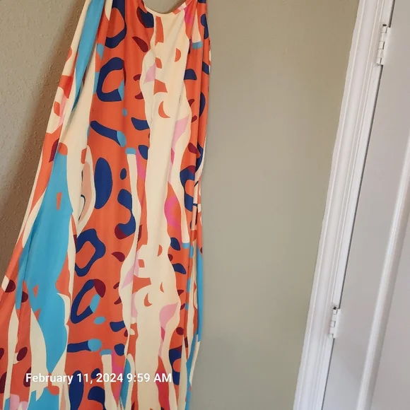 Orange, blue, yellow, and pink jumpsuit. Spaghetti straps. Size Large. - Picture 2 of 8